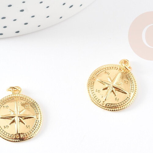 Pendentif médaille ronde boussolle étoile laiton doré 18k, un pendentif doré boussole pour création bijoux,21.5mm, x1 g5330