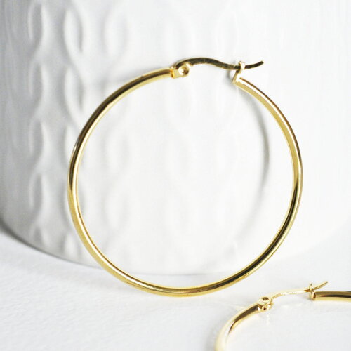 Créoles grande acier doré, bijoux doré, création bijoux, oreille percée,sans nickel, la paire, boucles acier, 44-46mm g6732