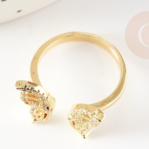 Bague réglable laiton doré papillon zircon 17.1mm, x1 (g4354)