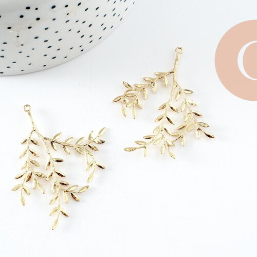 Pendentif branche feuille laiton laiton brut 48mm, x2 (g6584)