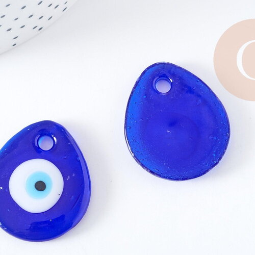 Pendentif goutte mauvais oeil verre bleu roi 34mm, x1 (g8853)