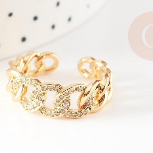 Bague réglable laiton doré chaine et zircon 16mm, x1 (g4357)