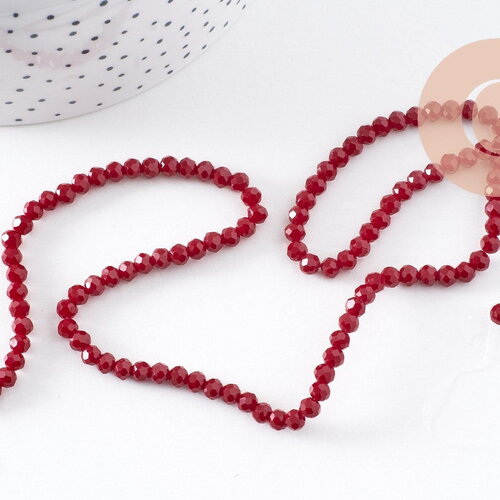 Perles toupies bordeau cristal rouge 4x3mm,perle verre facette,perle bicone,fil de 40 cm, x1 (g2137)