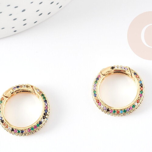 Fermoir à clapet rond laiton doré 16k zircon multicolore, fermoir qualité, fermoir doré, fermoir cadenas 21mm, x1 g5641