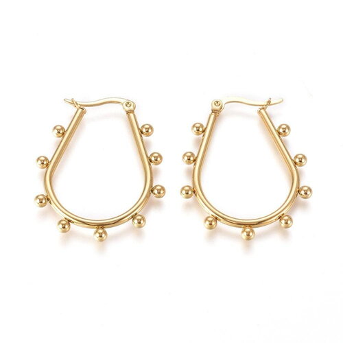 Créoles goutte acier doré boules, bijoux doré,création bijoux, oreille percée,sans nickel, la paire, boucles acier, 36.2mm g4202