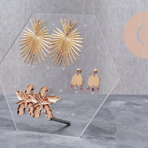 Présentoir boucles d'oreilles plexiglas hexagone personnalisable 18 emplacements 20cm, x1 g10106