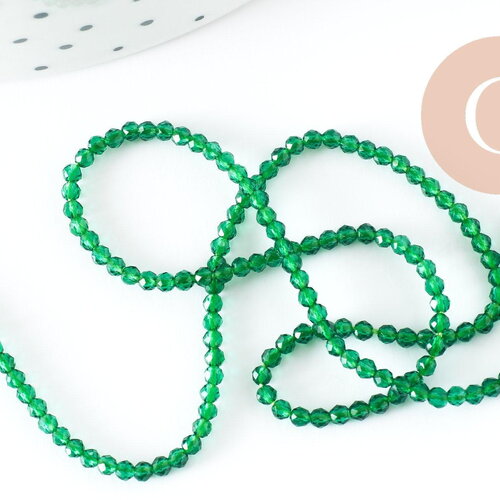Perle ronde verre facettée transparente vert foncé 2mm, fourniture création de bijoux diy, fil de 37cm, x1 (g7393)
