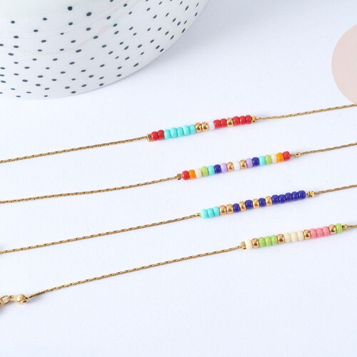 Bracelet perles de rocailles japonaises rondes couleurs mixtes acier 304 inoxydable doré 19cm, bijou à offrir, bracelet amitié femme, x1 (g7