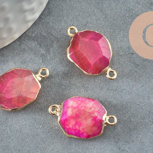 Pendentif connecteur agate naturelle teintée rose fer doré 25mm,création bijoux pierre naturelle, x1 g5707