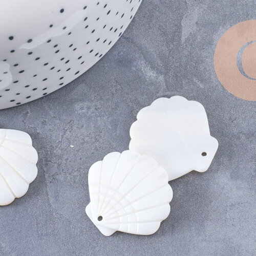 Pendentif coquillage nacre blanche naturelle 29mm, x2 (g10089)