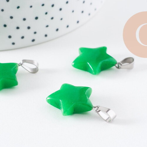 Pendentif étoile jade naturel vert acier inoxydable platine 22mm, x1 (g10072)