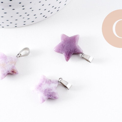 Pendentif étoile lépidolite naturelle violette acier inoxydable platine 22mm, x1 (g10071)
