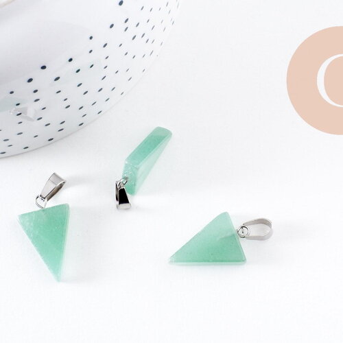 Pendentif triangle aventurine verte naturelle acier inoxydable platine 24mm, x1 (g10060)