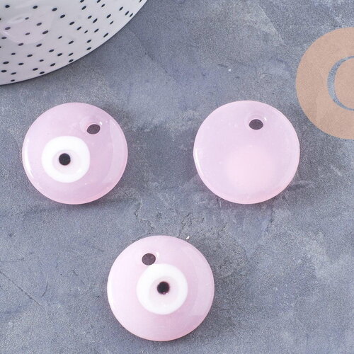 Pendentif rond mauvais oeil verre artisanal rose 30mm,création bijoux chance, x1 (g10096)