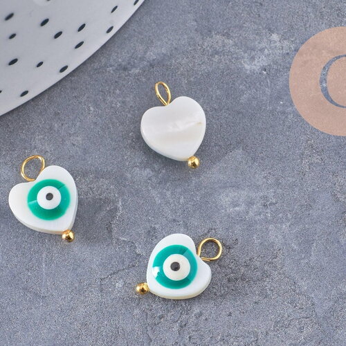 Breloque coeur nacre blanche mauvais oeil zamac turquoise doré 15mm, x2 (g10068)
