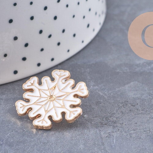 Broche pin's flocon de neige blanc zamac doré 24mm, x1 g10097