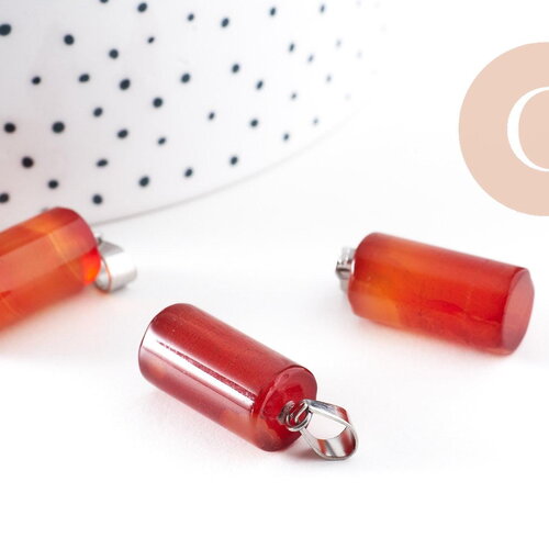Pendentif colone agate naturelle rouge acier inoxydable platine 25mm, x1 (g10074)