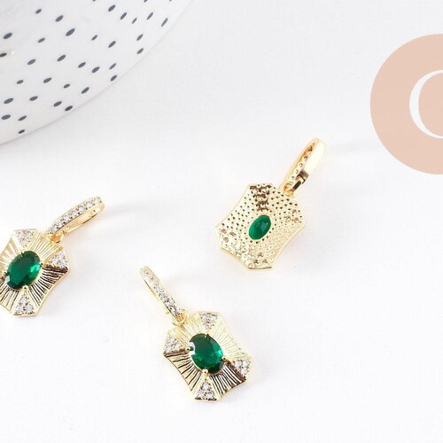 Pendentif octogone zircon blanc et vert laiton doré 18k 25mm, x1 (g10081)