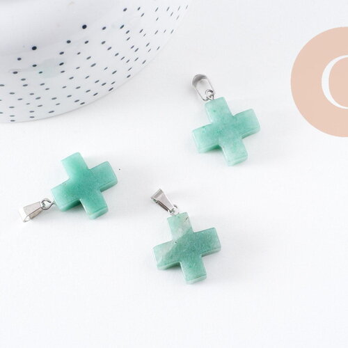 Pendentif croix aventurine verte naturelle acier inoxydable platine 24mm, x1 (g10070)