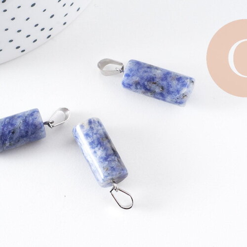 Pendentif colone jaspe bleu naturel acier inoxydable platine 25mm, x1 (g10075)