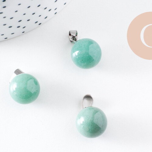 Pendentif rond aventurine verte naturelle acier inoxydable platine 17mm, x1 (g10069)