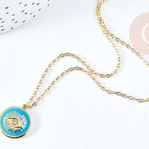 Collier médaille oeil protecteur turquoise ou noir zircon doré 304 inoxydable émaillé 45cm, cadeau anniversaire fête des mères, x1 g8028