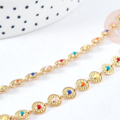 Collier médailles acier doré 304 inoxydable émaillé multicolore 38mm, idée cadeau anniversaire fête des mères femme, x1 g8799