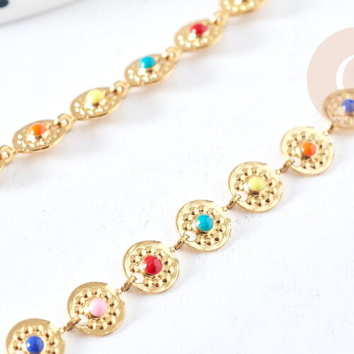 Bracelet médailles acier doré 304 inoxydable émaillé multicolore 25mm, idée cadeau anniversaire fête des mères femme, x1 g8798