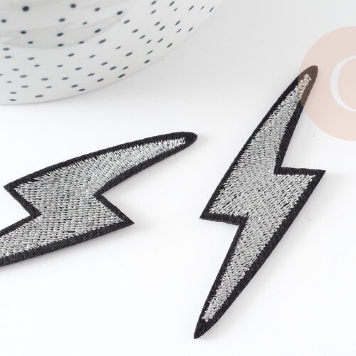 Ecusson brodé à repasser éclair argenté customisation vêtement, écusson thermocollant,patch écusson brodé,71mm, x2 g3295
