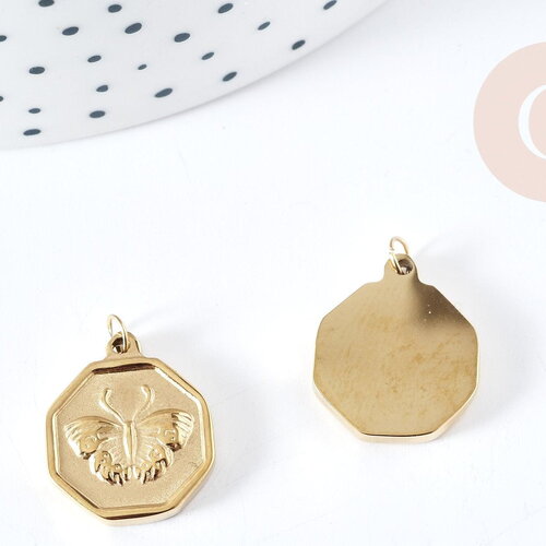 Pendentif médaille papillon acier 316l inoxydable doré 18mm, x1 (g8735)