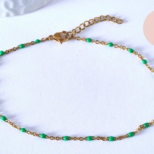 Chaine de cheville acier doré 14k résine verte chaine doree, bracelet chaîne fine,1.5-2mm,23cm, x1 g3661
