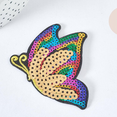 Ecusson brodé papillon thermocollant paillette coloré 72mm, customisation de vêtements, broderie x1 g7441