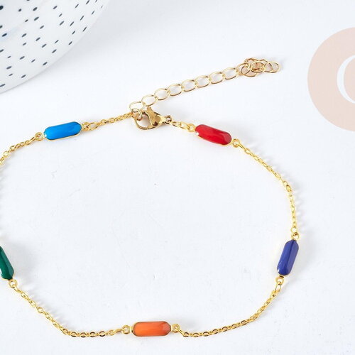 Bracelet chaine de cheville géométrique laiton doré émaillé multicolore 23.7mm, x1 (g8795)