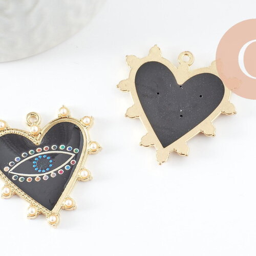 Pendentif coeur zamac doré émail noir, création bijou mauvais oeil protecteur,33mm, x1 (g4116)