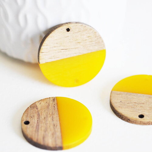 Pendentif disque bois résine jaune 27.5mm,création bijoux bois, x5 g5128