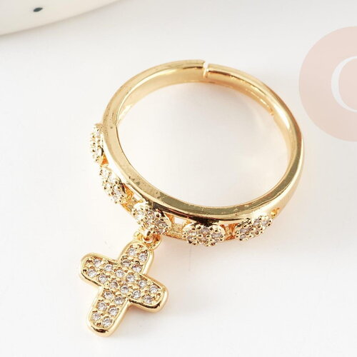 Bague réglable laiton doré breloque croix zircon 17mm, x1 (g4825)
