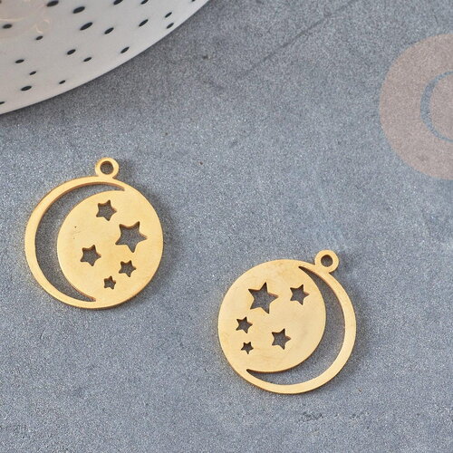 Pendentif médaille lune étoiles acier doré 20.5mm, breloque doré, acier inoxydable doré, pendentif sans nickel, x1 g6144