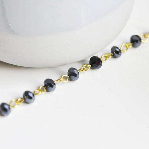 Chaine dorée perle cristal noir, chaine collier ,chaine lunettes, chaine fantaisie, 6x4mm,1 metre, x1 (g3460)