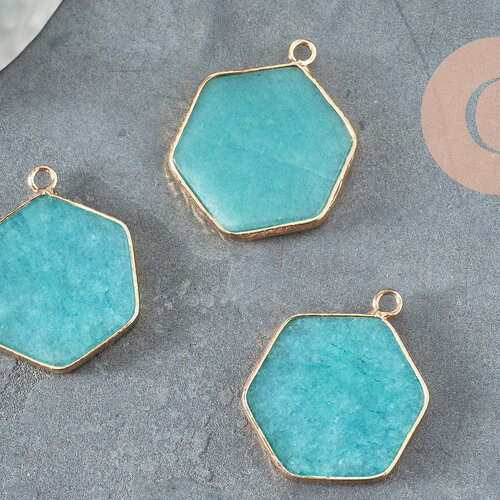 Pendentif hexagone jade bleu turquoise,pendentif pierre,support doré,pierre naturelle,bijou pierre, jade naturel,30-31mm, x1 g5419