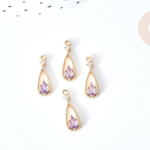 Pendentif goutte laiton doré zircon violet 17,5mm, pendentif création bijoux, x1 g8545