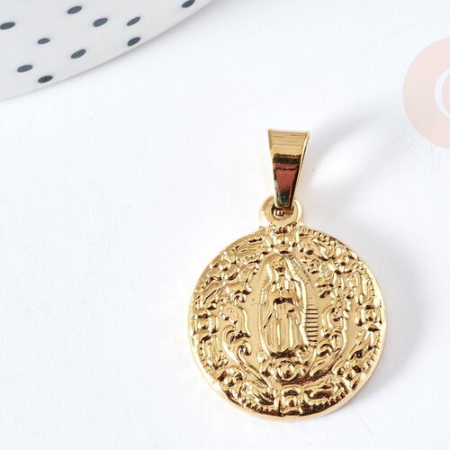 Pendentif médaille ronde vierge acier doré, pendentif doré sans nickel,acier doré,médaille or,22mm,x1 g2651