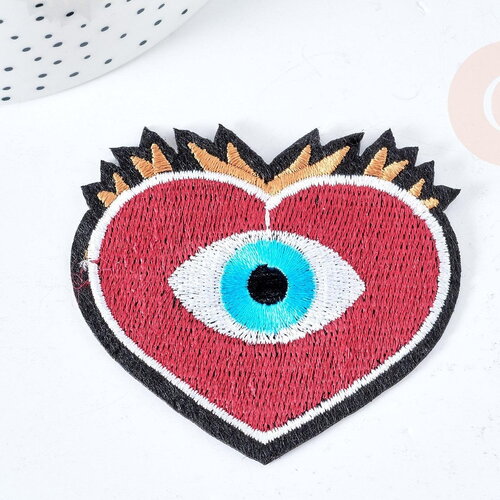 Ecusson coeur rouge brodé à repasser thermocollant 64mm, x1 (g8428)