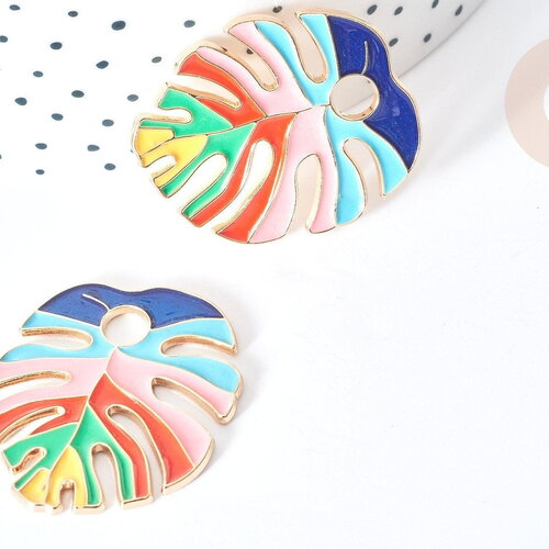 Pendentif feuille monstera zamac doré émaux colorés 33.5x30mm, pendentif très fin et léger pour création de bijoux, x1 g8083