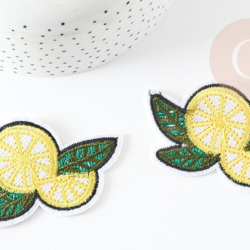 Ecusson brodé à repasser citron jaune doré customisation vêtement, écusson thermocollant fruit, x2 g5080