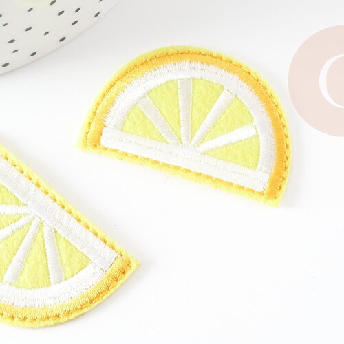 Ecusson brodé à repasser citron jaune customisation vêtement 46.5mm, écusson thermocollant fruit,patch brodé, x2 g8764