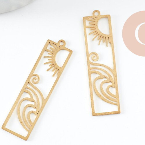 Pendentif estampe filigrane rectangle soleil vague laiton brut 41.5mm, pendentif très fin et léger pour création de bijoux diy x1 g9694
