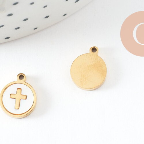 Pendentif médaille rond croix nacre naturelle blanche acier 304 doré inoxydable, pendentif acier religion x1 g9693