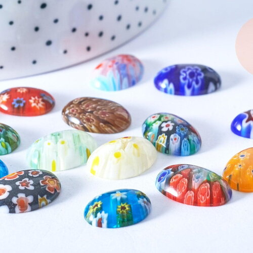 Cabochon dôme ovales millefiori tailles variées 10-18mm, création bijoux verre millefiori, x10 g8701