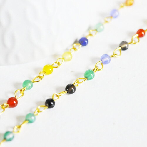 Chaine dorée perle agate naturelle colorée, chaine collier,création bijoux, chaine lunettes,chaine fantaisie 4.5mm, x1 g3393