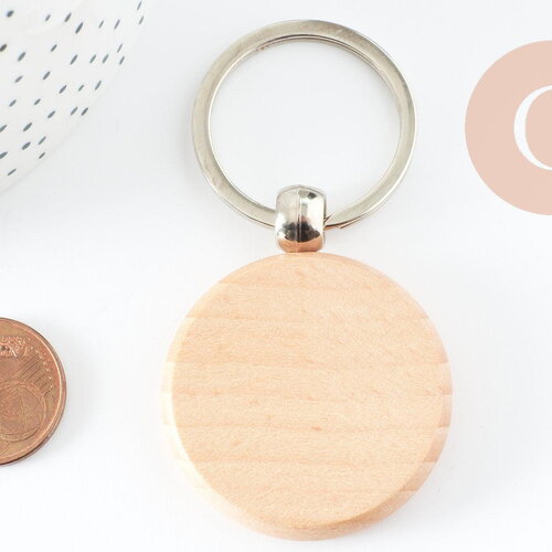 Porte-clef rond bois personnalisable 48.5mm, accessoire personnalisé pour idée cadeau, x1 g9678